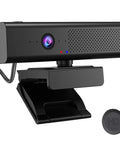 Hella Sharp 1080P Hd Webcam With Zero Fuss Setup And Pro Level Quad Mic Array Built In Stereo Speaker Magnetic Privacy Slider Wide Angle Lens, front view, black finish.