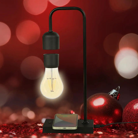 Dope Magnetic Levitating Lamp With Floating LED Bulb Wireless Charging Desk Light in home office setting with festive red lights
