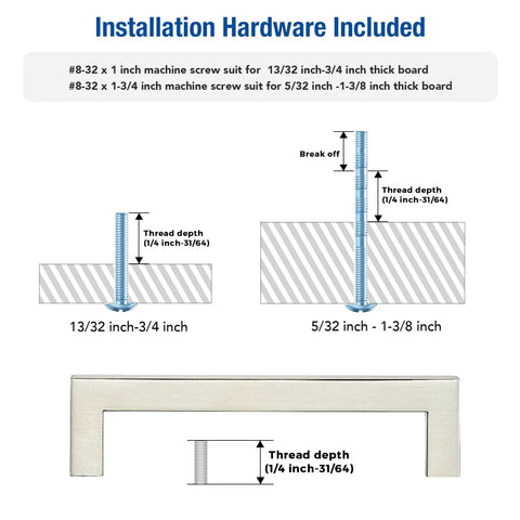 Installation diagram for 8 Pack Brushed Nickel Cabinet Handles 5 Inch Square Drawer Pulls with hardware details and dimensions.