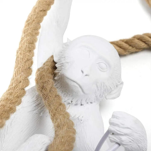 Close-up of white monkey with hemp rope from the Monkey Pendant Light Fixture With Hemp Rope, Dope Vintage Loft Style Chandelier.
