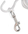 Rugged Tetherball Replacement Rope With Swivel Snap Hook 9 Ft White Braided Nylon Cord One Quarter Inch Inch Thick Low Stretch Weather Resistant For Consistent Play In Outdoor Backyards, Schools, And Playgrounds. close-up of white nylon rope and metal swivel snap hook