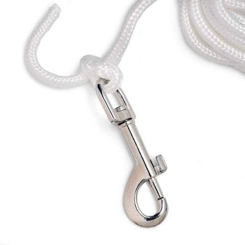 Rugged Tetherball Replacement Rope With Swivel Snap Hook 9 Ft White Braided Nylon Cord One Quarter Inch Inch Thick Low Stretch Weather Resistant For Consistent Play In Outdoor Backyards, Schools, And Playgrounds. close-up of white nylon rope and metal swivel snap hook