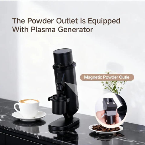 Top Tier Electric Single Dose Coffee Grinder With 63mm Conical Burrs And Zero Sixty Five Step Adjustments For Bang For Your Buck Precision And Hassle Free Espresso Shots At Home Daily with magnetic powder outlet on countertop.