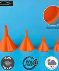 Orange Four Pack Plastic Oil Funnel Set For Auto And Kitchen Use With Shielded Tube Wide Mouth For Easy Pouring Car Oil Gas Lubricants Water Bottles And Fluid Containers. Displayed against a blue background highlighting funnel edges.