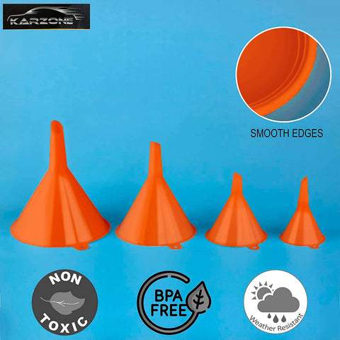 Orange Four Pack Plastic Oil Funnel Set For Auto And Kitchen Use With Shielded Tube Wide Mouth For Easy Pouring Car Oil Gas Lubricants Water Bottles And Fluid Containers. Displayed against a blue background highlighting funnel edges.