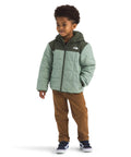 Child wearing Kids Reversible Shasta Full Zip Hooded Jacket - Water-Resistant Puffer With Synthetic Insulation And Fleece Lining, Slate Moss