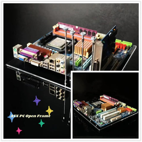 Open Frame Acrylic Base Stand For ATX Motherboard Rigs, Ultra Transparent 4mm Acrylic, side view with installed motherboard.