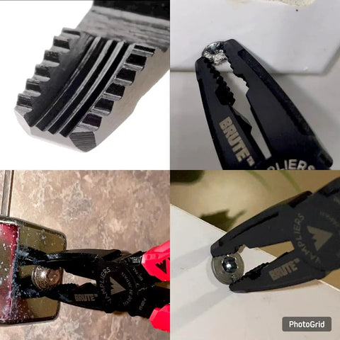 Brute 6.25 Inch Screw Extractor Pliers removing stripped screws with black oxide finish, close-up view of grip and use.