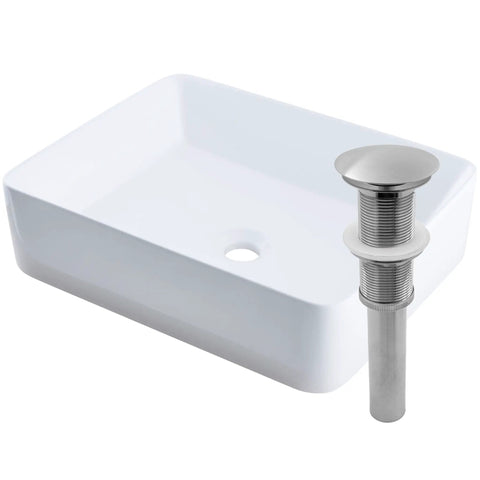 Above Counter Rectangular Ceramic Vessel Sink In Polished White, 20.75 L x 16.5 W x 5.5 H with stainless steel drain