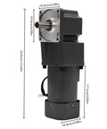 Electric gear motor with 90° right-angle output shaft; side view, black reducer housing, 34.4 cm tall.