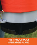 Close-up of 25 Lb Handheld Bag Seeder Spreader With Waterproof Bag And Enclosed Gears, showing rust-proof poly spreader plate.