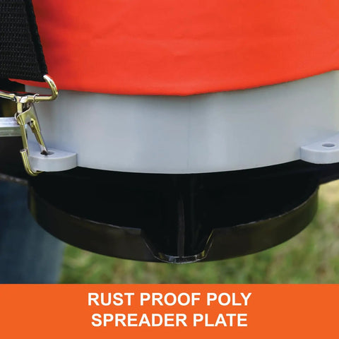 Close-up of 25 Lb Handheld Bag Seeder Spreader With Waterproof Bag And Enclosed Gears, showing rust-proof poly spreader plate.