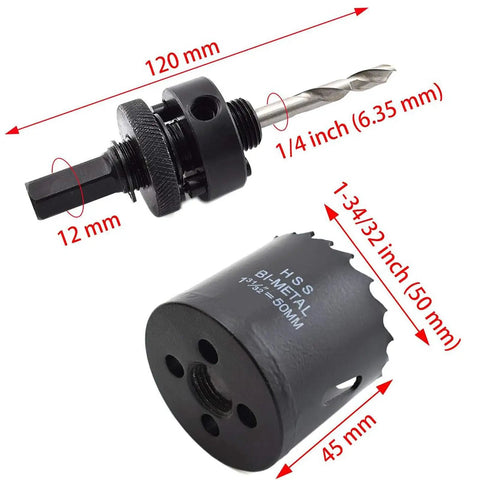 2 Inch Desk Grommet And Hole Saw Kit showing bimetal hole saw and drill bit with dimensions