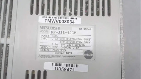 Mitsubishi MR J2S 40CP AC Servo Drive 400W Industrial Servo Controller For CNC Machines Plug And Play Motion Control With High Precision And Reliability Ideal For Precision Motion Control In Automation And Robotics. gray metal drive label
