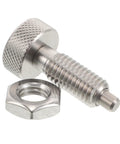 Precision Hand Operated Spring Loaded Locking Plunger Pin With M10 Thread And Knurled Stainless Steel Handle For Industrial Equipment And Robotic Joint Modules That Nails Positioning Down To 0.02mm Every Single Time, featuring stainless steel pin and nut.