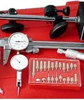 Six Piece Inspection Kit With Magnetic Base Caliper, Indicators, Micrometer Point Set For Precision Measuring on red case.