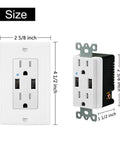 Twenty Pack White 15 Amp Tamper Resistant Wall Outlet With Dual 4.2A USB Ports 21W Sweet Charging Speeds ETL Certified dimensions shown