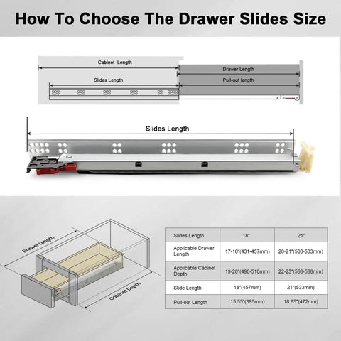 Smooth As Butter Ride Undermount Drawer Slides Soft Close Full Extension Glides dimensions and sizing guide for 21 inch slides