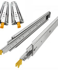 Heavy Duty Full Extension Drawer Slides With Double Lock Ball Bearings Side Mount Rails Built Tough For Rock Solid Tool Cabinets And No Sweat Heavy Hauling Workshop Storage, showcasing durable metal rails.