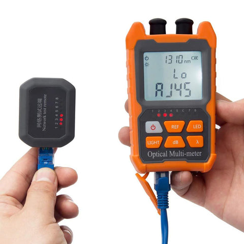 Front view of orange OPM-VFL-1 optical power meter with LCD display and blue fiber lead.
