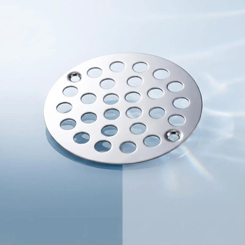 Round 4 Inch Screw-in Shower Drain Cover Strainer Kit with Screws and Screwdriver Universal Floor Drain Insert for Bathroom Replacement Fits like a Dream Heavy Duty Repair in silver finish.