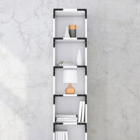 Bookshelf with 30 Piece Black Right Angle Corner Braces Made From Cold Rolled Steel, supporting shelves with books and decor.