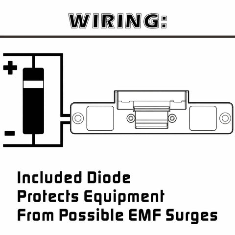 Wiring diagram illustrating Heavy Duty Electric Door Strike Lock Fail Secure 12Vdc setup with diode protection against EMF surges.