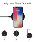Fast Wireless Charging Pad With USB Cable For iPhone, Samsung, And LG Qi Certified 15W For LG, 10W For Samsung, 7.5W For iPhone, Case Friendly, Sleep Indicator, Sleek Black shown with phone alignment