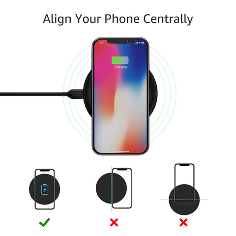 Fast Wireless Charging Pad With USB Cable For iPhone, Samsung, And LG Qi Certified 15W For LG, 10W For Samsung, 7.5W For iPhone, Case Friendly, Sleep Indicator, Sleek Black shown with phone alignment