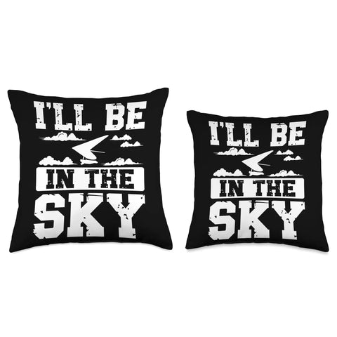 Two black throw pillows with glider design text 'I'll Be in the Sky', Soaring Pilot Throw Pillow For Adventure Junkies And Sky Lovers
