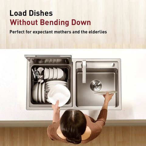 All In One Stainless Steel In Sink Dishwasher And Kitchen Sink Combo That Cuts Down The Washing Drama With Heavy Gauge Sanitizer And Super Efficient Drying For Busy Households, showing a user loading dishes.