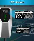 Portable Two In One Level 1 And Level 2 Electric Charger 32 Amp Adjustable displaying an LCD screen with charging data.