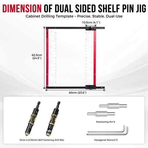 Dimensions of Shelf Pin Jig With Self Centering Drill Bits 1/4 Inch And 5mm For 32mm System Cabinet Hole Drilling Template.