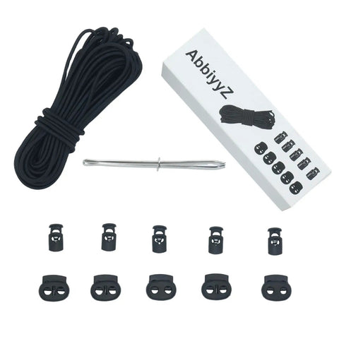 Elastic Cord One Eighth Inch Three Millimeter Heavy Duty Stretch Rope Ten Yards Ten Pack with plastic locks on display.