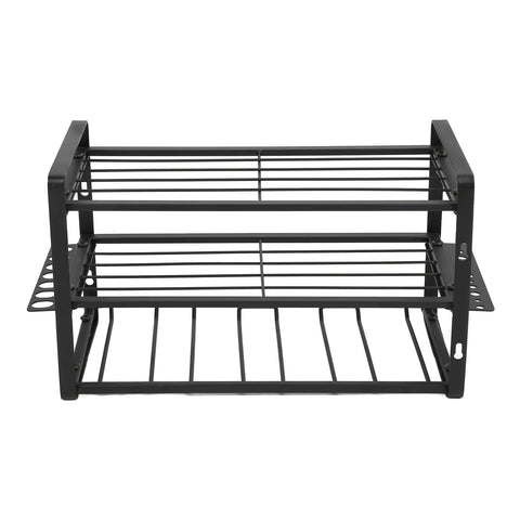 Heavy Duty Wall Mounted Tool Rack Black Iron Power Tool Organizer With Drill Slot And Charging Shelf Built Like A Tank Hammer Plier Storage 150 Lbs Load Bearing Tool, front view.