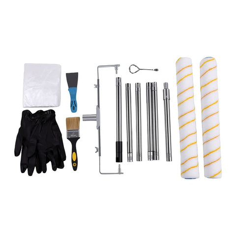 Heavy Duty 18 Inch Paint Roller Kit With Rust Proof Stainless Steel Extension Pole And Adjustable Frame tools including gloves, brush, scraper.