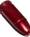 A single red anodized aluminum snap cap from the 9mm Luger Snap Caps 5 Pack For Safe Dry Fire Practice Training Realistic Function Without Noise.