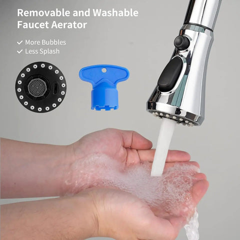 Pull Down Kitchen Faucet Spray Head With 3 Modes Stream, Spray, And High Pressure Rinse, hands washing under water