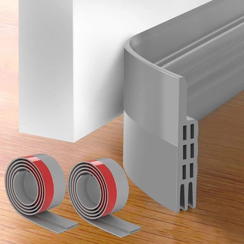 Ultimate Door Draft Stopper 2 Pack For Under Door Sweep Fits Interior And Exterior Doors Weather Stripping Seal Silicone Draft Guard For Noise Reduction And Cold Air Insulation 2 In W X 39 In L Grey, showing silicone rolls and installed view.