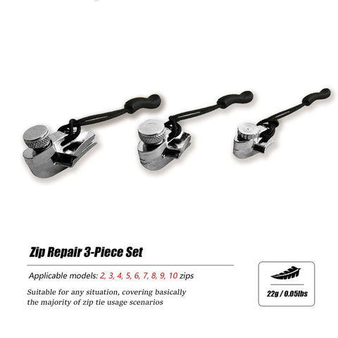 Three Size Zipper Pull Replacement Kit For Jackets, Backpacks, Luggage And Tents With No Fuss Quick Fix Adjustable Non Slip Zipper Repair Set For Broken Zippers, showing three metal zipper repair tools in different sizes.