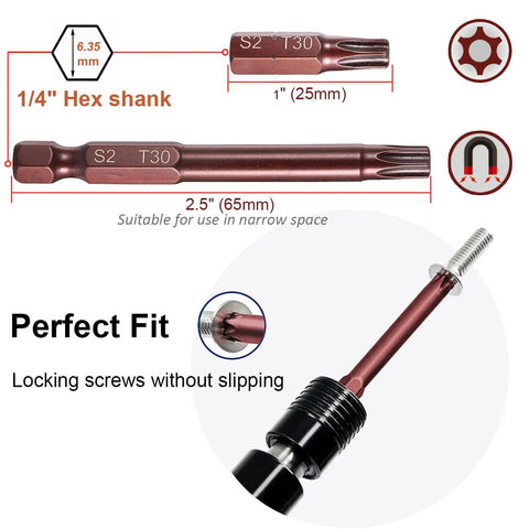 Close-up of 24 Piece Security Torx Bit Set With Magnetic S2 Alloy Steel Bits showing two lengths and hex shank specifications