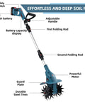 Cordless 21V Tiller With 8 Inch Wide Cultivator, 4.0Ah Battery Powered Garden Rototiller showcasing components and features.