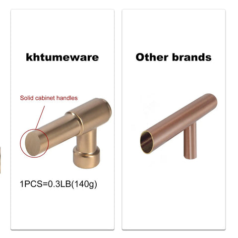 Comparison of khtumeware solid Champagne Bronze cabinet handle beside a hollow handle from other brands