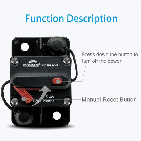Young Marine 60A waterproof surface-mount marine circuit breaker with manual reset, black body