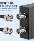 Low Loss RG58 50 Ohm BNC Male To Male Coax Cable Kit, 2 Pack, 3 Ft connected to a black device with text 'Perfect Fit for BNC Devices'