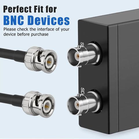 Low Loss RG58 50 Ohm BNC Male To Male Coax Cable Kit, 2 Pack, 3 Ft connected to a black device with text 'Perfect Fit for BNC Devices'