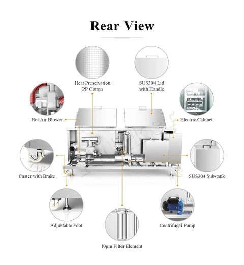 Rear view of Hella Powerful Sixty One Liter Industrial Ultrasonic Cleaner Tank showcasing components like electric cabinet and SUS304 lid.