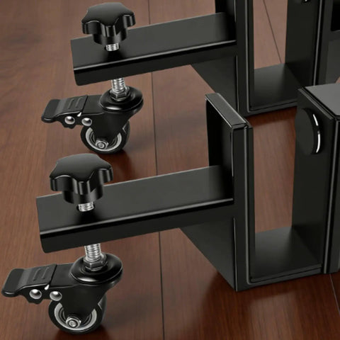 Close-up of adjustable clamps and swivel casters on the Game Changer Door Panel Mover, designed for heavy wood or glass panels.
