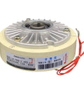 Front view of hollow-shaft electromagnetic powder brake with 24V motor, yellow housing, silver top, red wiring