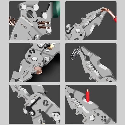 Get The Done Fast With This 16 In 1 Needle Nose Wire Stripper And Cutter showcased, detailing various wire stripping functions.
